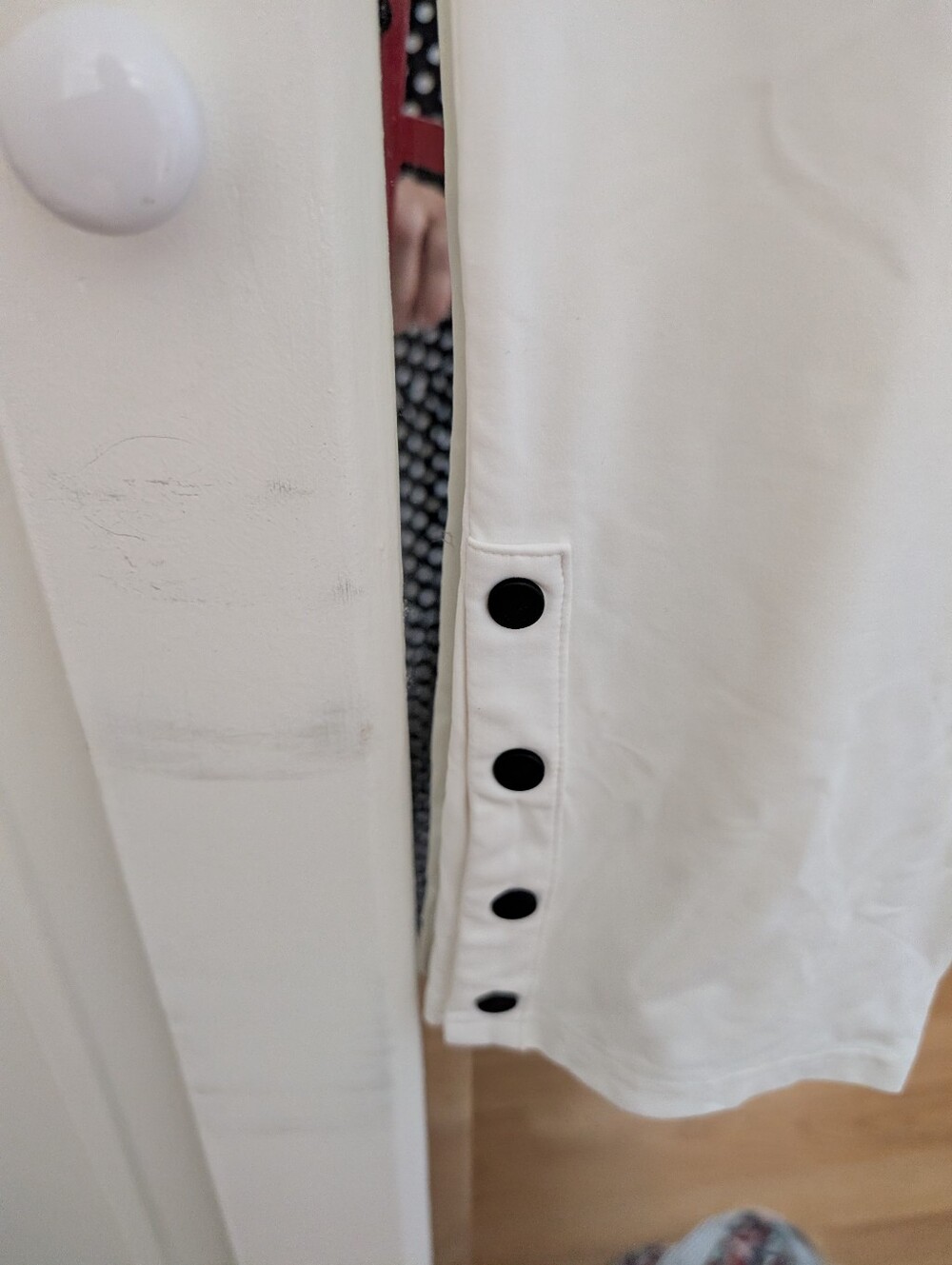 Sympli White Straight Leg Pants with Black Snap Button Detail
